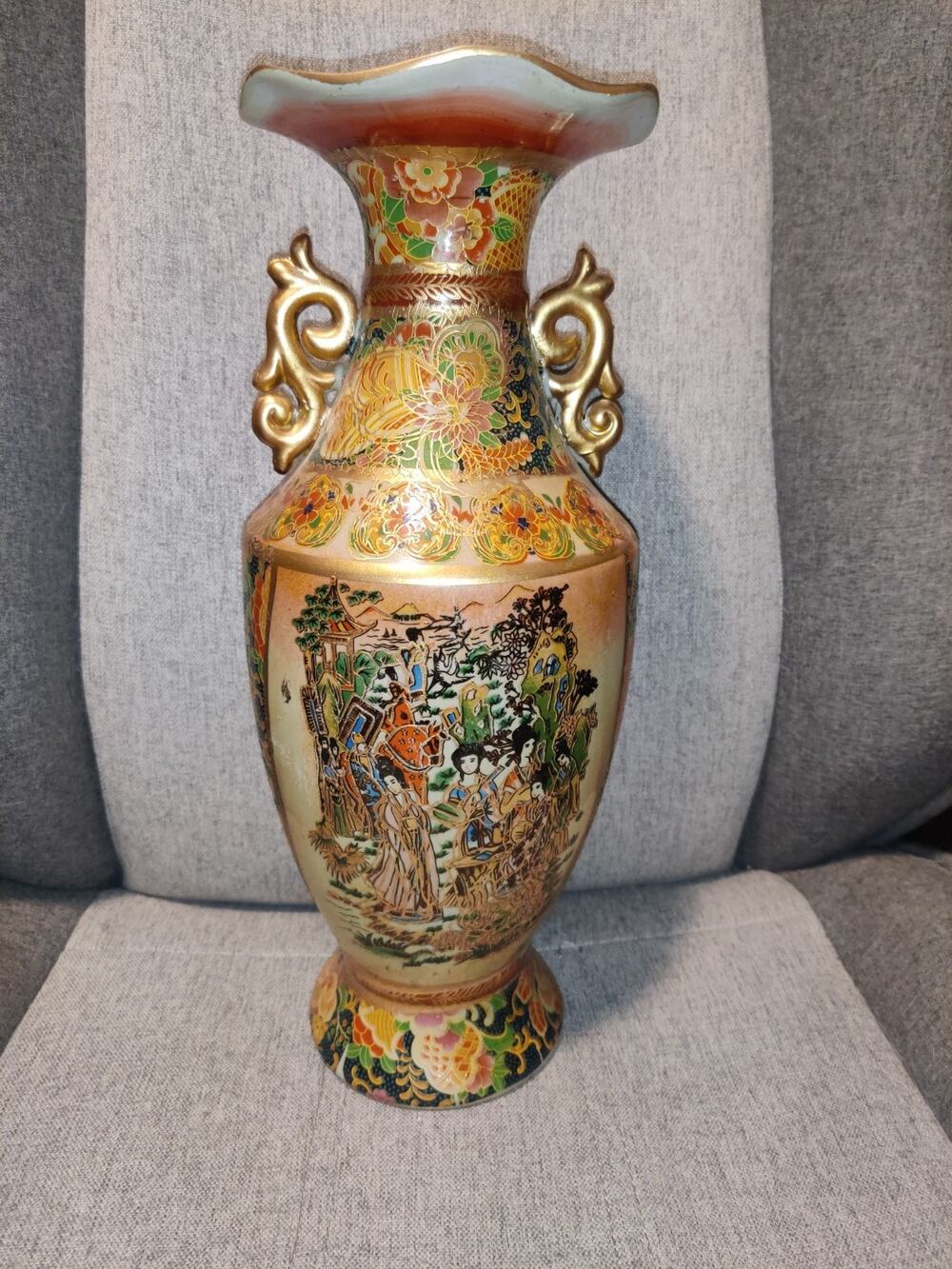 Antique Vintage Asian Oriental Geisha Vase Urn 14" Ceramic Porcelain